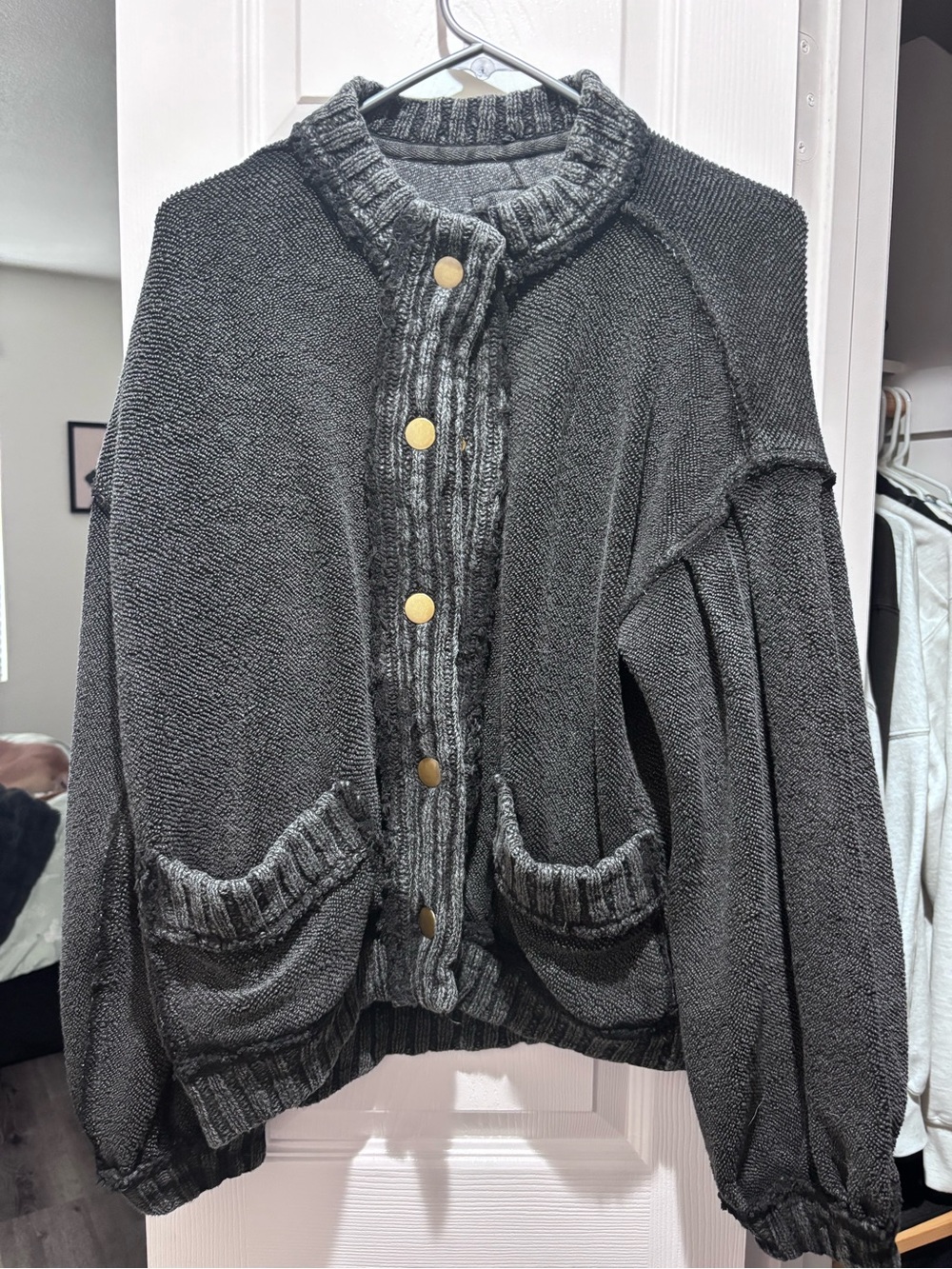 We The Free Charcoal Gray Button-Front Knit Cardigan